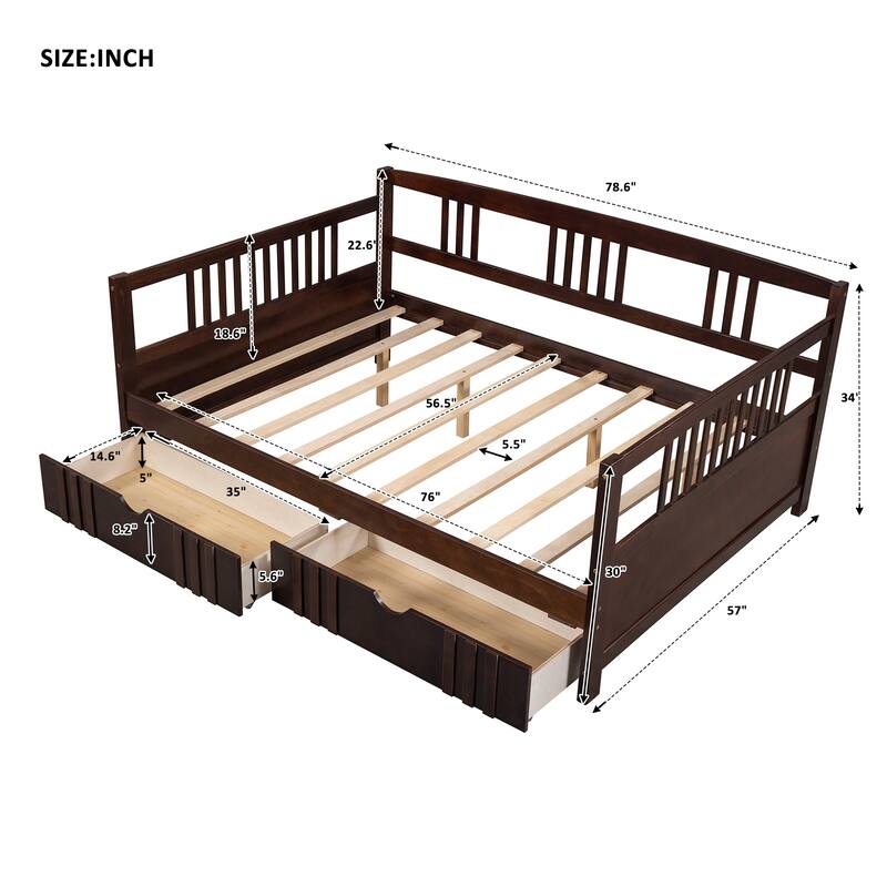 Daybed with Two Drawers, Solid Wood Frame, Guardrails, No Box Spring Needed