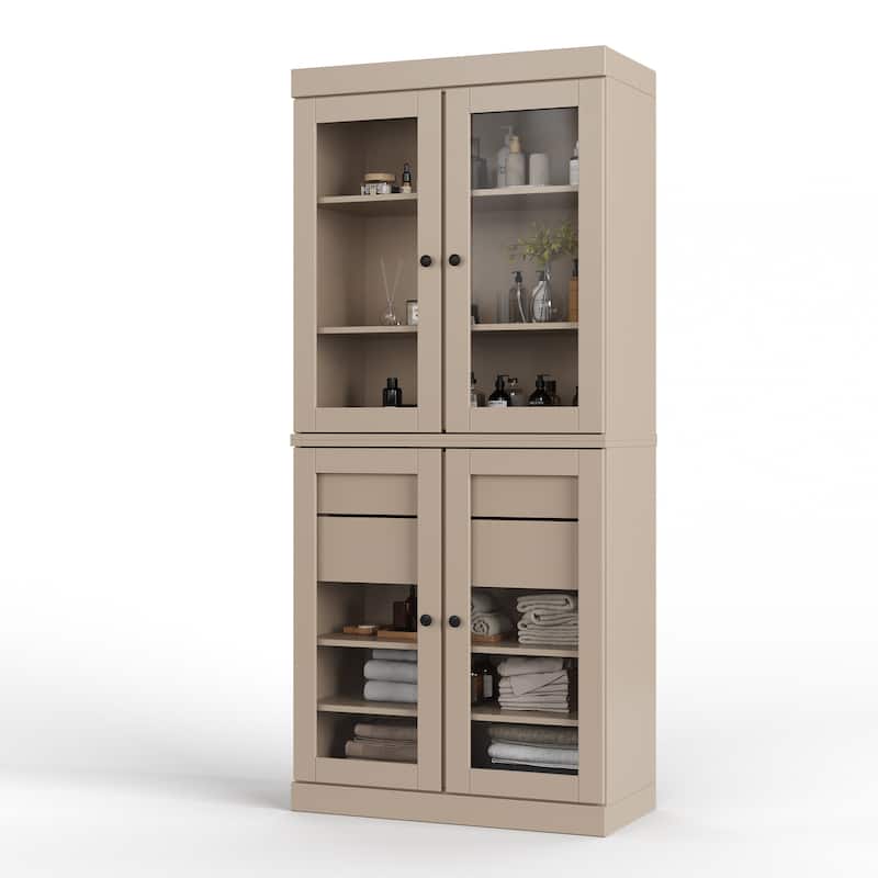 Palace Imports 100% Solid Wood 32" Bathroom Cabinet with Clear Glass Doors, 2-Drawers and Adjustable Shelves - Beige
