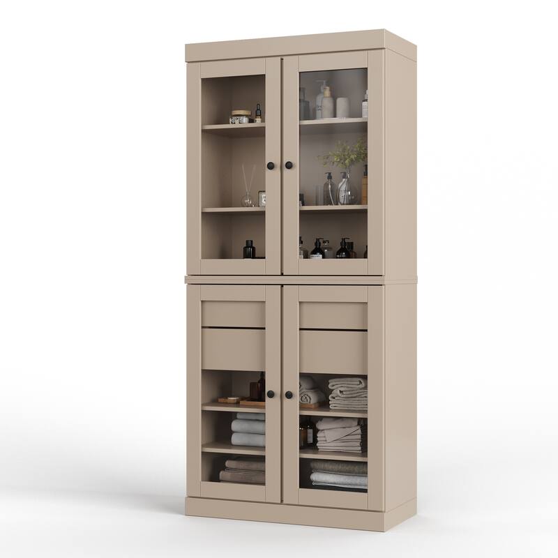 Palace Imports 100% Solid Wood Bathroom Storage Cabinet, Clear Glass Doors, 2 Drawers, Adjustable Shelves, 32" Wide, 71.5" Tall