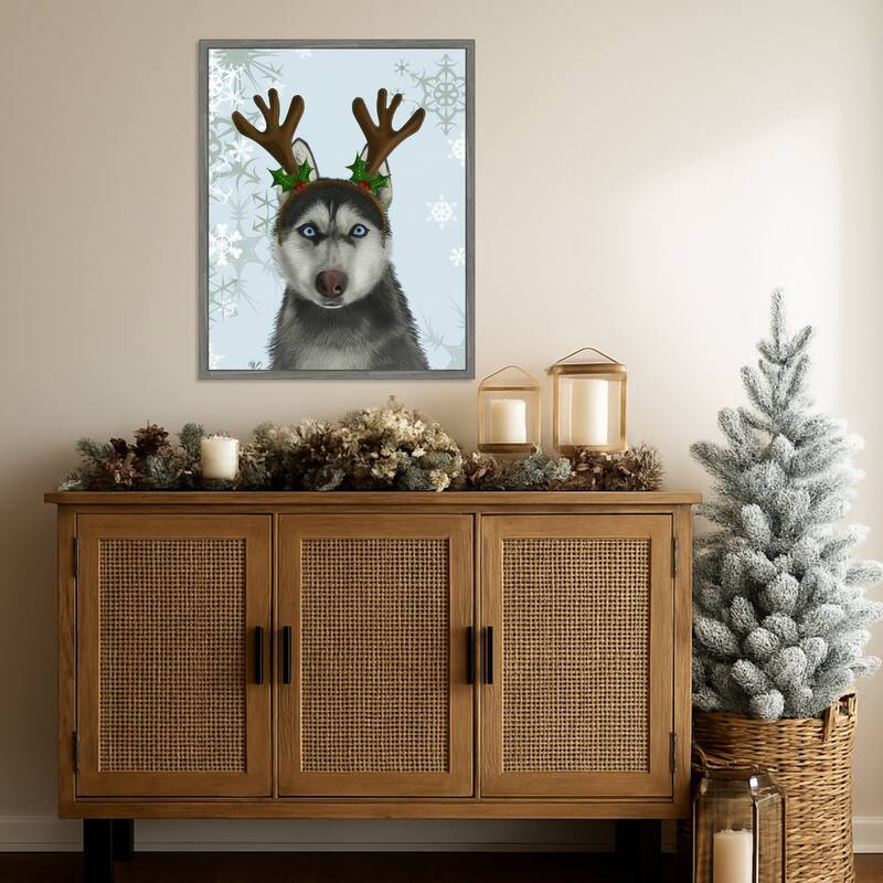 Husky and Antlers by Fab Funky (23 x 28 in.), Framed Canvas Wall Art Print - Sylvie Greywash