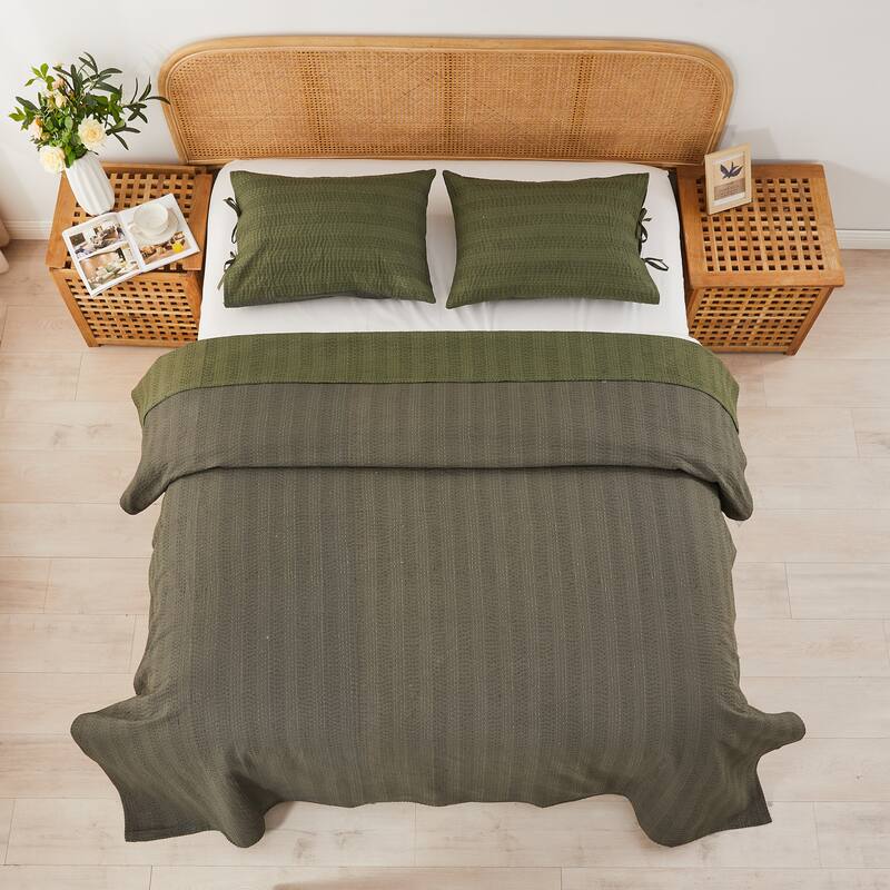 Melange Hand Stitched Kantha Reversible Green Coverlets and Shams