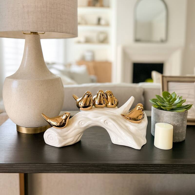 Porcelain Bird Statue with White Branch Base - 14", White & Gold - 14" x 5" x 6"