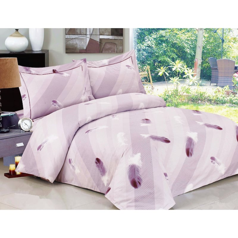 Violet Linen French Feathers Pattern, Luxury 200 Thread Count Poly-Cotton Percale, Levendor, 6 Piece, Bedding Duvet Cover Set - Twin