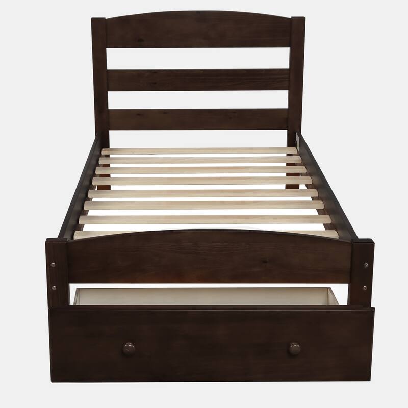 Twin Size Platform Bed with Storage Drawer and Slat Support - Classic Wood Frame