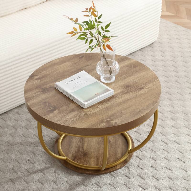 31" Round Industrial Coffee Table with 2-Tier Storage Shelves, Modern Wood & Golden Metal Accent Center Table