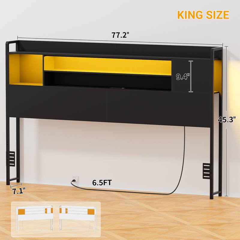 Storage Headboards with Power Outlet and LED Light, Head board with Storage Shelves for Bed Frame