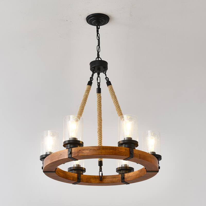 23.62 INCH Round Wood Pendant Light with Seeded Glass Shade, Rustic 6-LightChandelier, (8 Light)--NO INCLUDED BULBS
