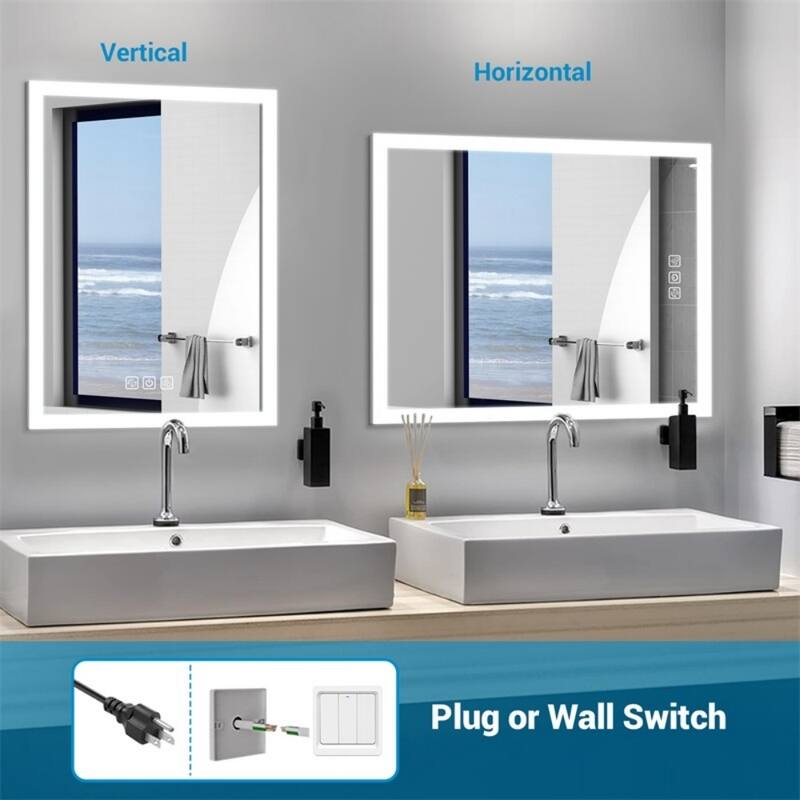 Clear Glass LED Bathroom Mirror with Aluminum Frame, Defog and Touch Control - 40” W x 24” H