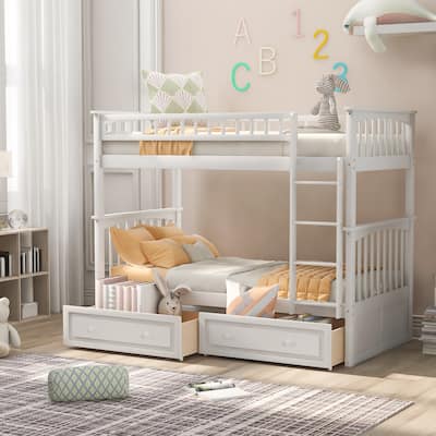 Wood Bunk Bed with Drawers and Convertible Beds