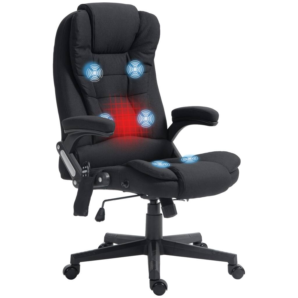 High Back 6-Point Vibration Massage Office Chair with Linen Fabric Lumbar Heating, for Home Office, Black