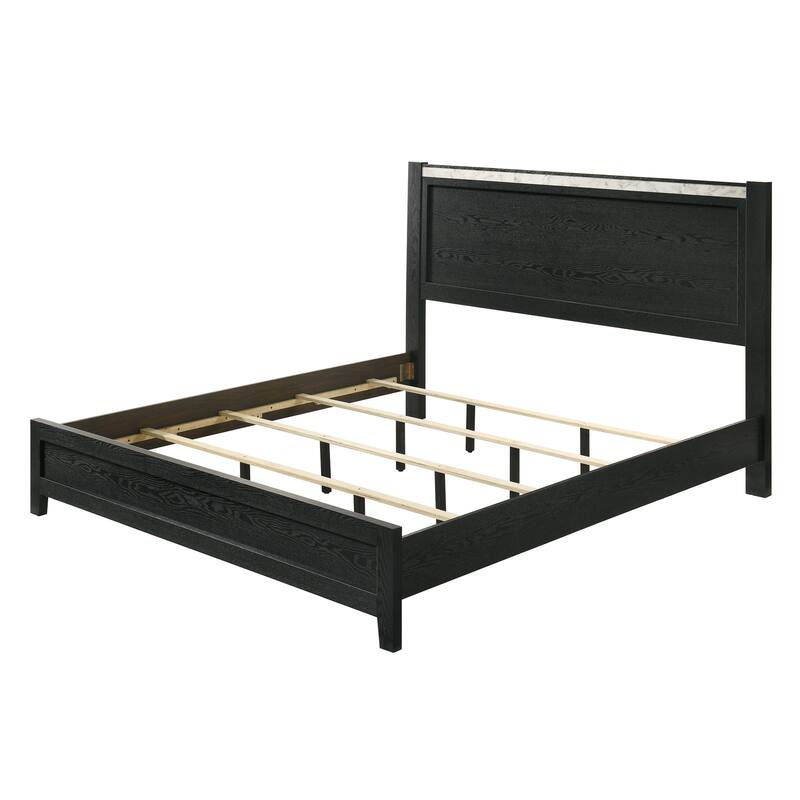 Black Queen Panel Bed with Faux Marble Accents, Modern Contemporary Style, Mattress Ready