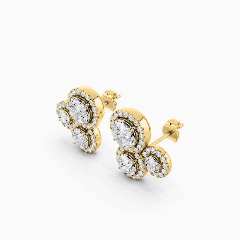 14K Gold Round Halo Three Stone Lab Grown Diamond Fashion Earrings 2.98 CTTW