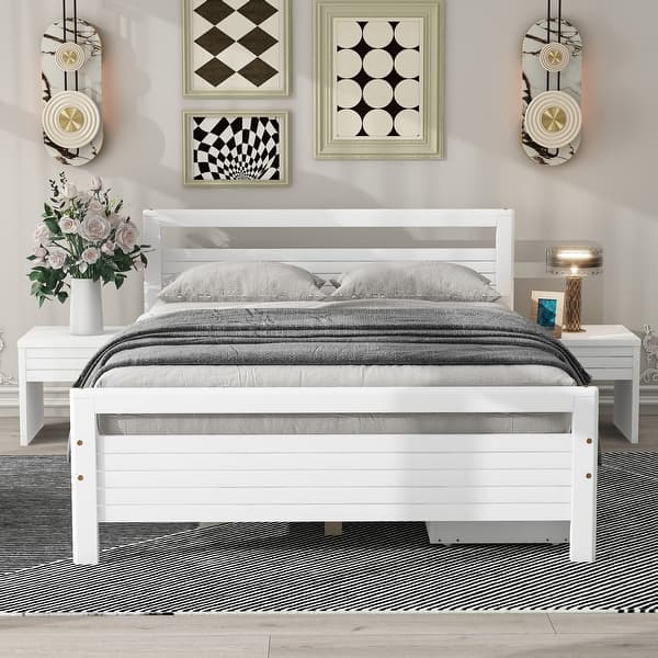 slide 2 of 18, Full Size Wooden Platform Bed with 2 Storage Drawers and 2 Tables White