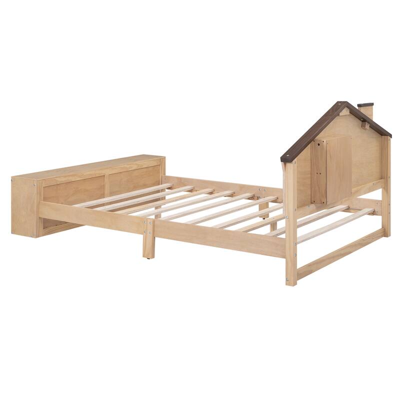 Full House Shaped Platform Bed with LED - Natural Wood