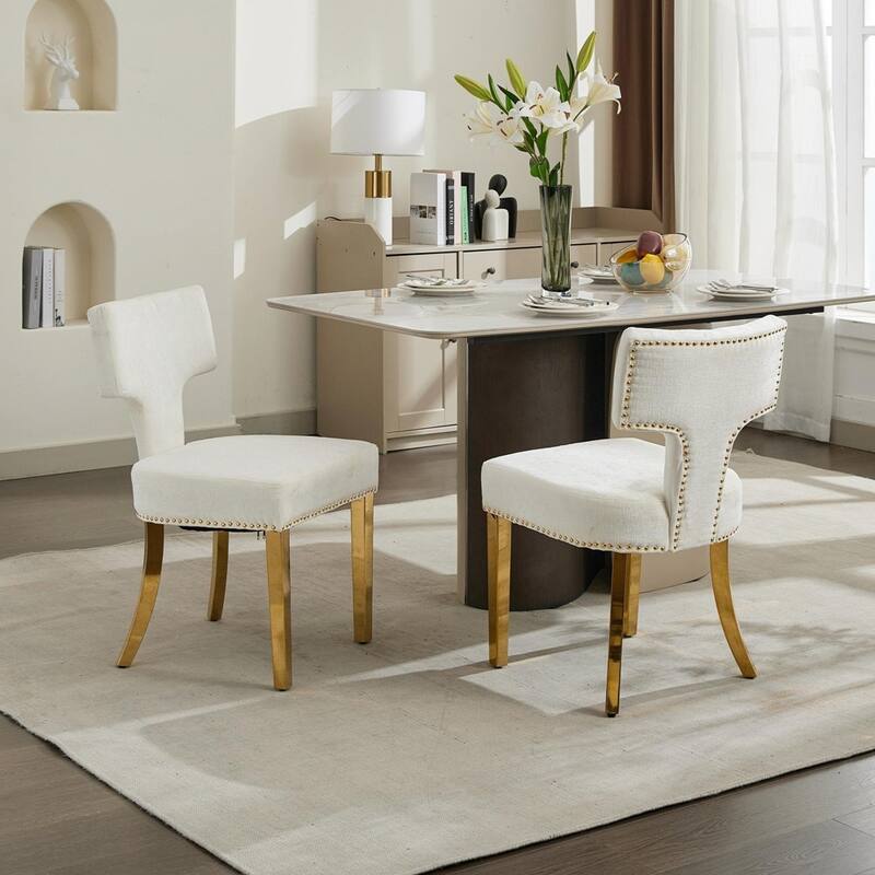 Farmhouse Fabric Upholstered Accent Chair Curved Backrest with Copper Nails around - Beige Chenille