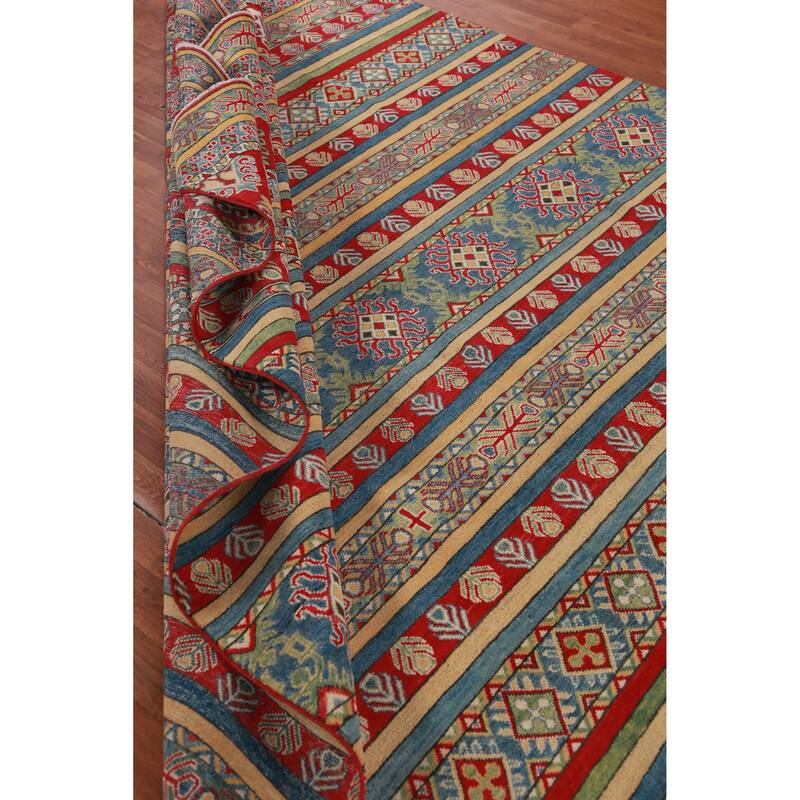 Hand Knotted Oriental 100% Wool Carpet Traditional Geometric Multi-Colored Kazak Area Rug - 11' 9'' X 8' 3''