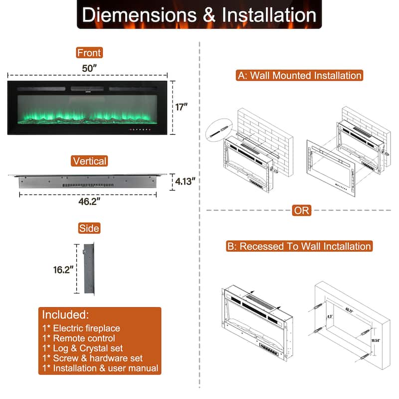 Clihome 50" Built-in and Wall-Mounted Electric Fireplace - 50 in.