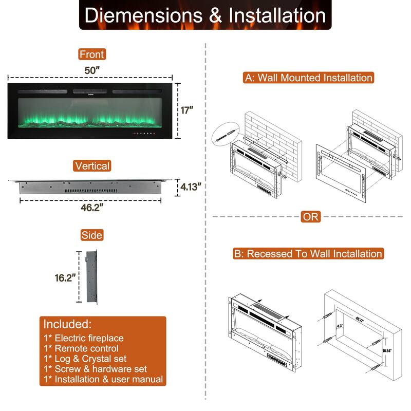 Clihome Ultra-thin Recessed Wall-Mounted Electric Fireplace