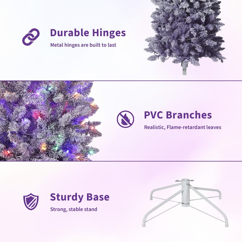 6FT Purple Gradient Pencil Christmas Tree – Prelit with 100 Dual Color LEDs, Snow Flocked, 320 Branch Tips,Metal Stand
