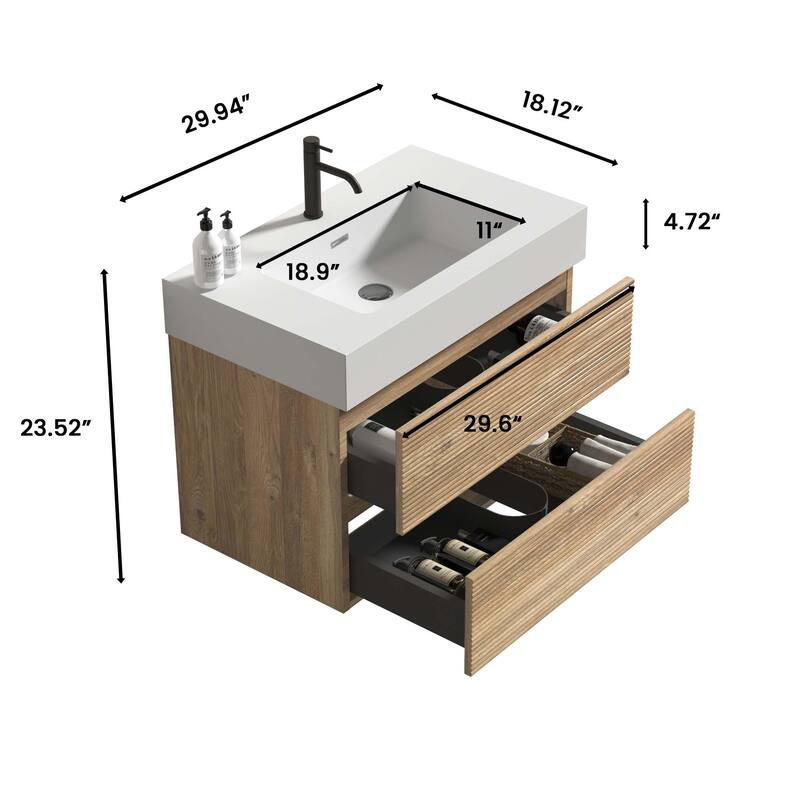 GDFStudio - Grace Wall-Mounted Bathroom Vanity with Engineered Quartz Sink & Soft Close Drawers, without Drainage and Faucet