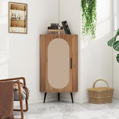 Roomfitters Corner Cabinet with Rattan Door, Freestanding Storage Shelf Stand for Small Spaces