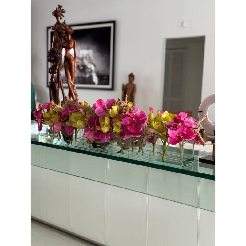 Casa Moderna Glass Planter With Pink Vandas And Green Cymbidiums
