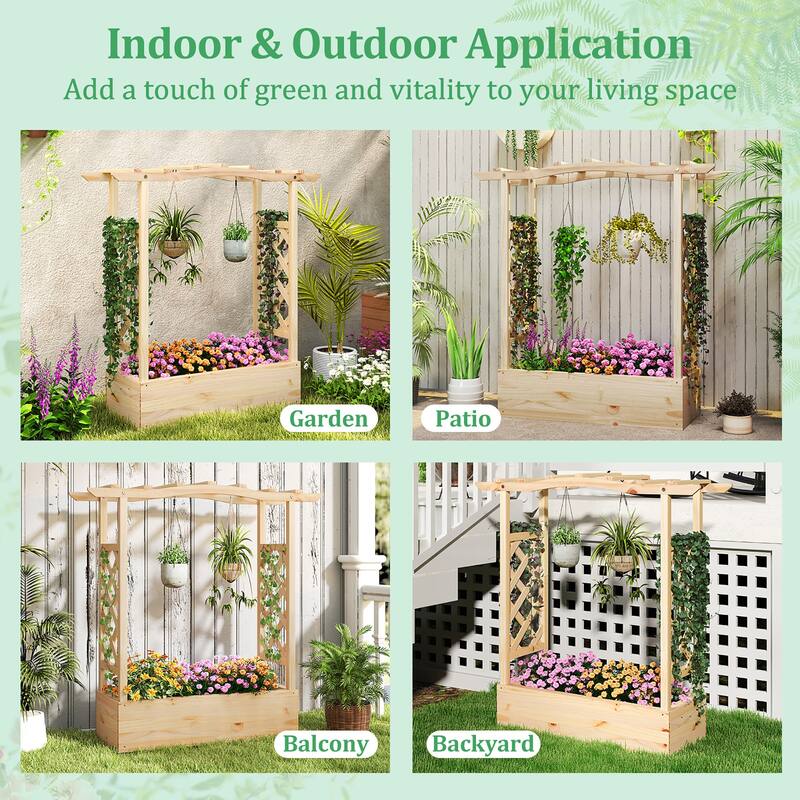 Gymax Wooden Raised Garden Bed w/ Trellis & Hanging Roof Planter Box
