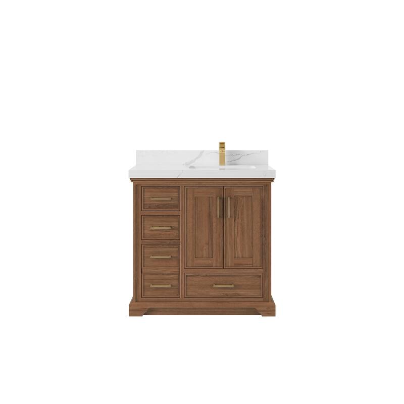 Willow Collections 36 in. W x 22 in. D Charlotte Teak Right Offset Sink Bathroom Solid Teak Vanity with Countertop - 2”Calacatta Laza - Dark Natural