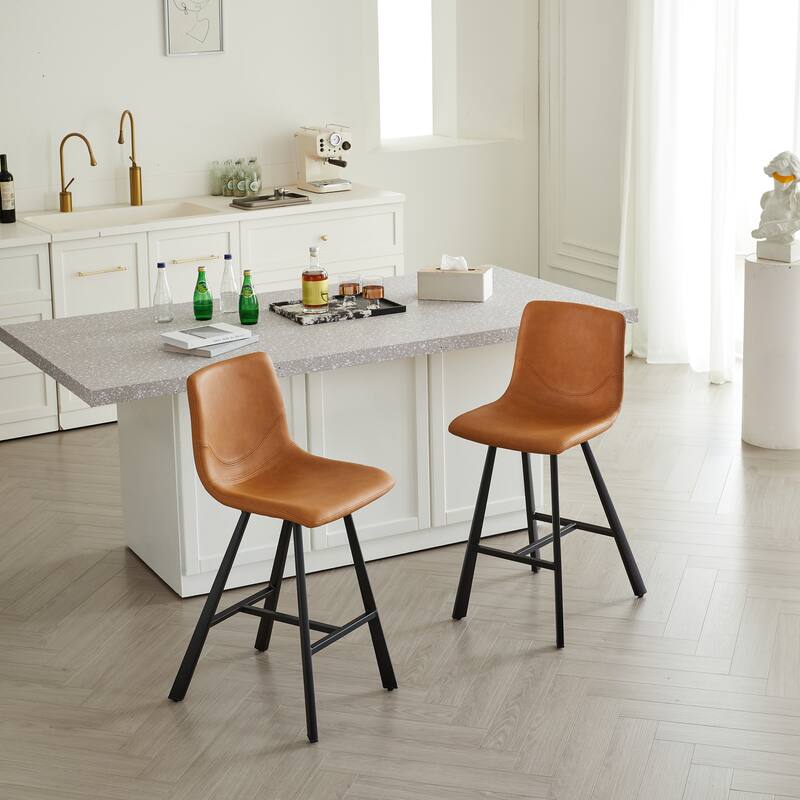 Set of 2 Bar Stool with Ergonomic Curved Backrest - Sturdy Black Metal Frame Counter Height Seating with Footrest