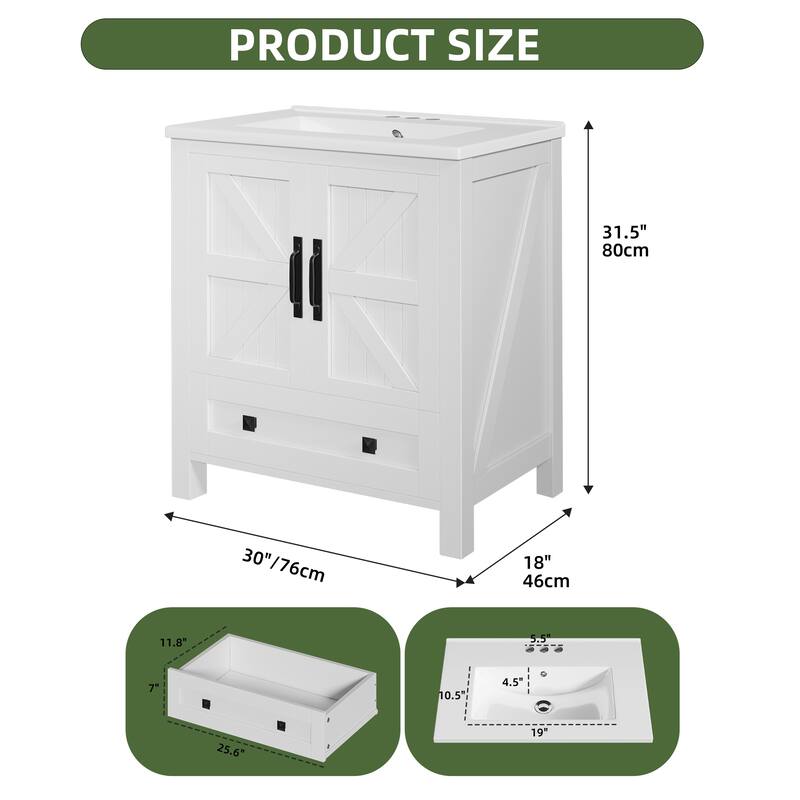 Moasis 30 Inch Farmhouse Bathroom Vanity with Sink and Barn Door Storage for Small Spaces