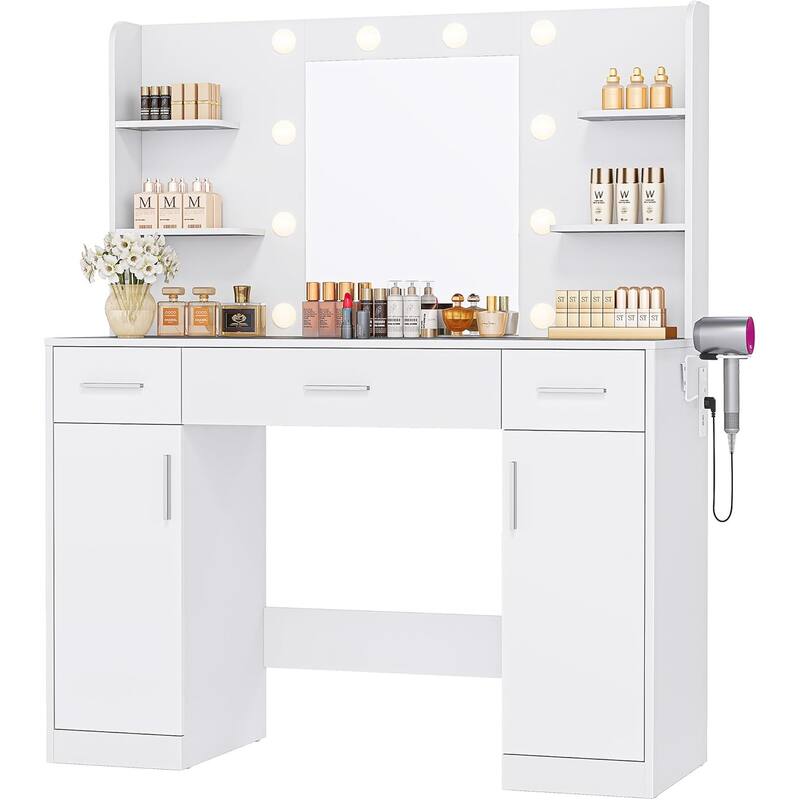 Vanity Desk with Mirror and Lights, Power Outlet & 11 Lights, Makeup Vanity Desk 3 Color Modes & Adjustable Brightness NEW