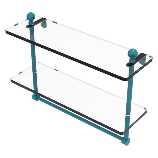 Mambo Collection 16 in. Two Tiered Glass Shelf with Integrated Towel Bar in Unlacquered Brass Mambo Collection 16 in. Two Tiered Glass Shelf with Integrated Towel Bar in Unlacquered Brass
