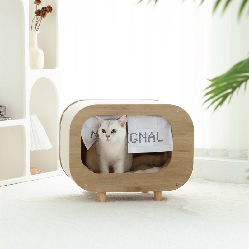 Wooden TV-Shaped Cat Bed, Cat House with Cushion