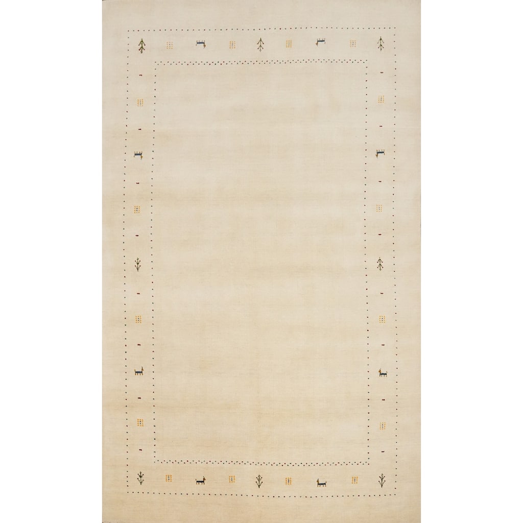 Hand Knotted Oriental 100% Wool Carpet Tribal Animal Pictorial Beige & Ivories Gabbeh Area Rug - 9' 9'' X 6' 7''