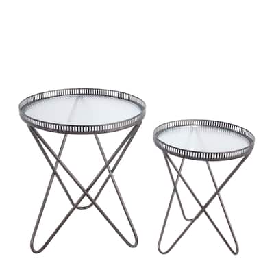 Metal Accent Table with Round Glass Top and Hairpin Legs, Set of 2, Black