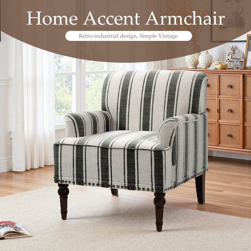 Set 2 Striped Upholstered Linen Armchair with Brass Nailhead Trim