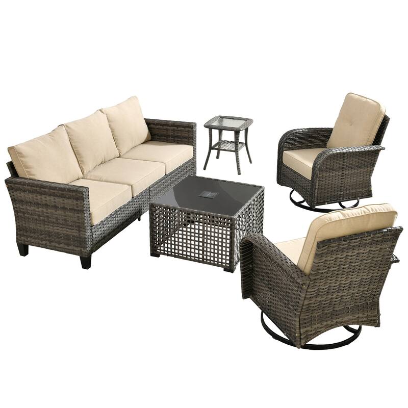 HOOOWOOO 5-piece Outdoor Swivel Chair Set Patio Conversation Set with Solar-powered Table