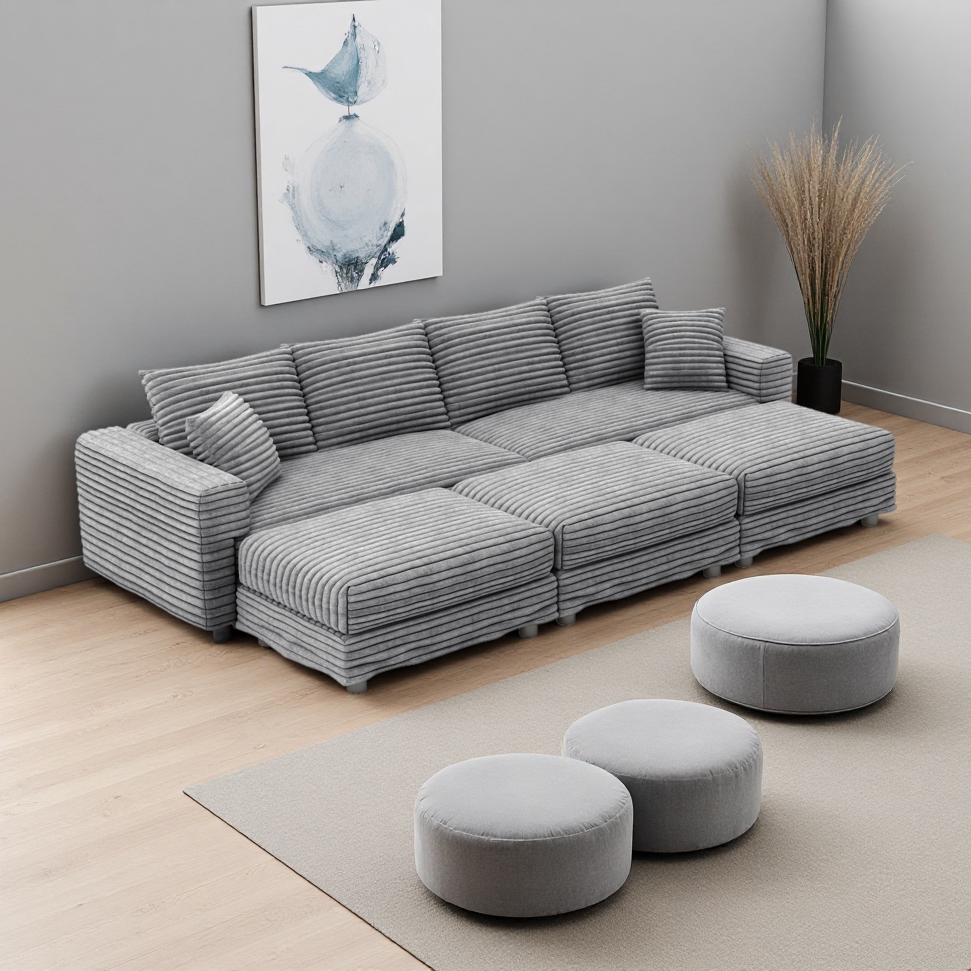 102.4" Plush Corduroy 4-Seater Cloud Sofa with 3 Ottomans and Convertible Design