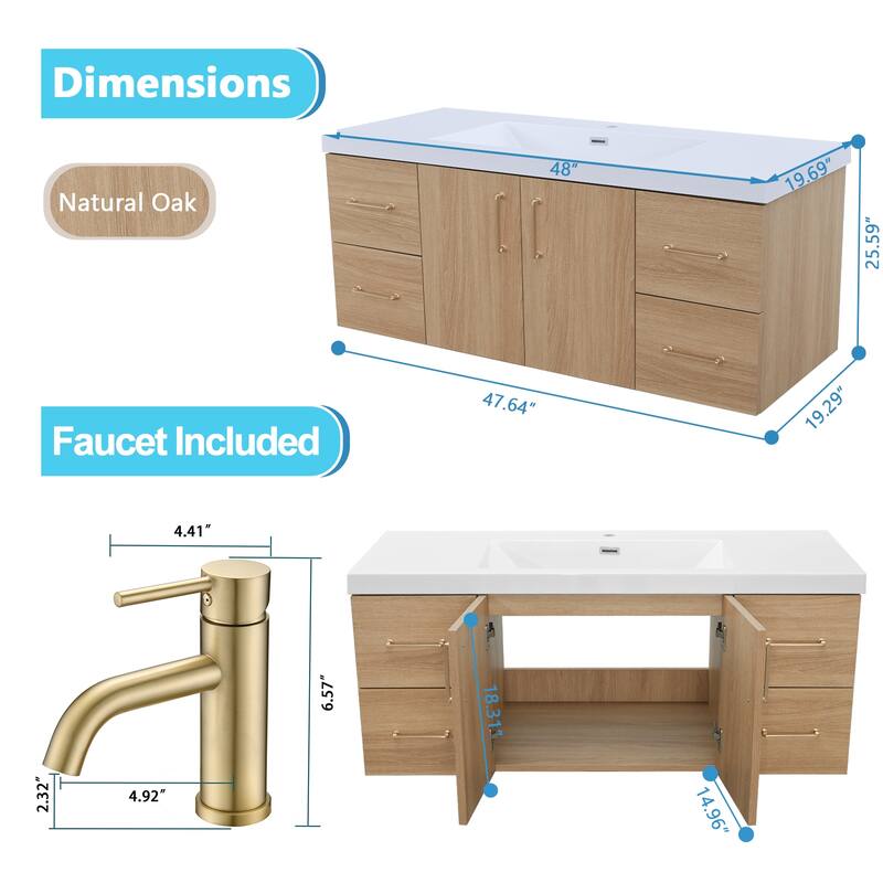 AlbyonD 48" 60" Floating Bathroom Vanity with Sink and Faucet, Natural Oak