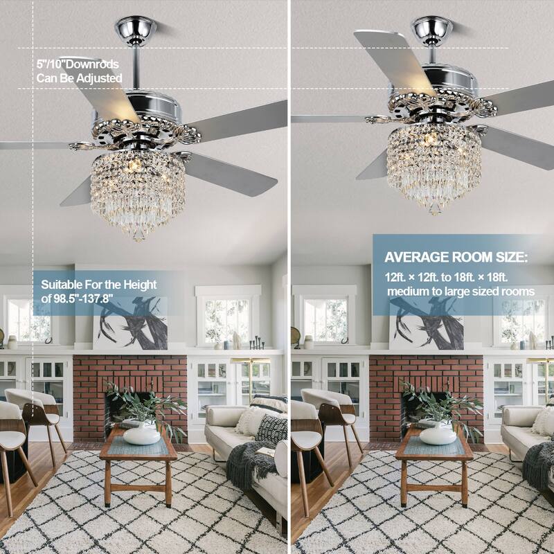 52" Chrome Chandelier Ceiling Fan, Pull Chain Ceiling Fan with Remote Control 3 Speed Ceiling Fan for Bedroom and Living Room