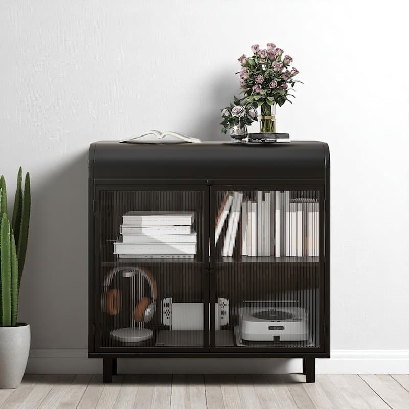 Modern Steel Buffet Cabinet with Flip Top and Tempered Glass Doors, Storage Console for Kitchen or Entryway - Antique Black