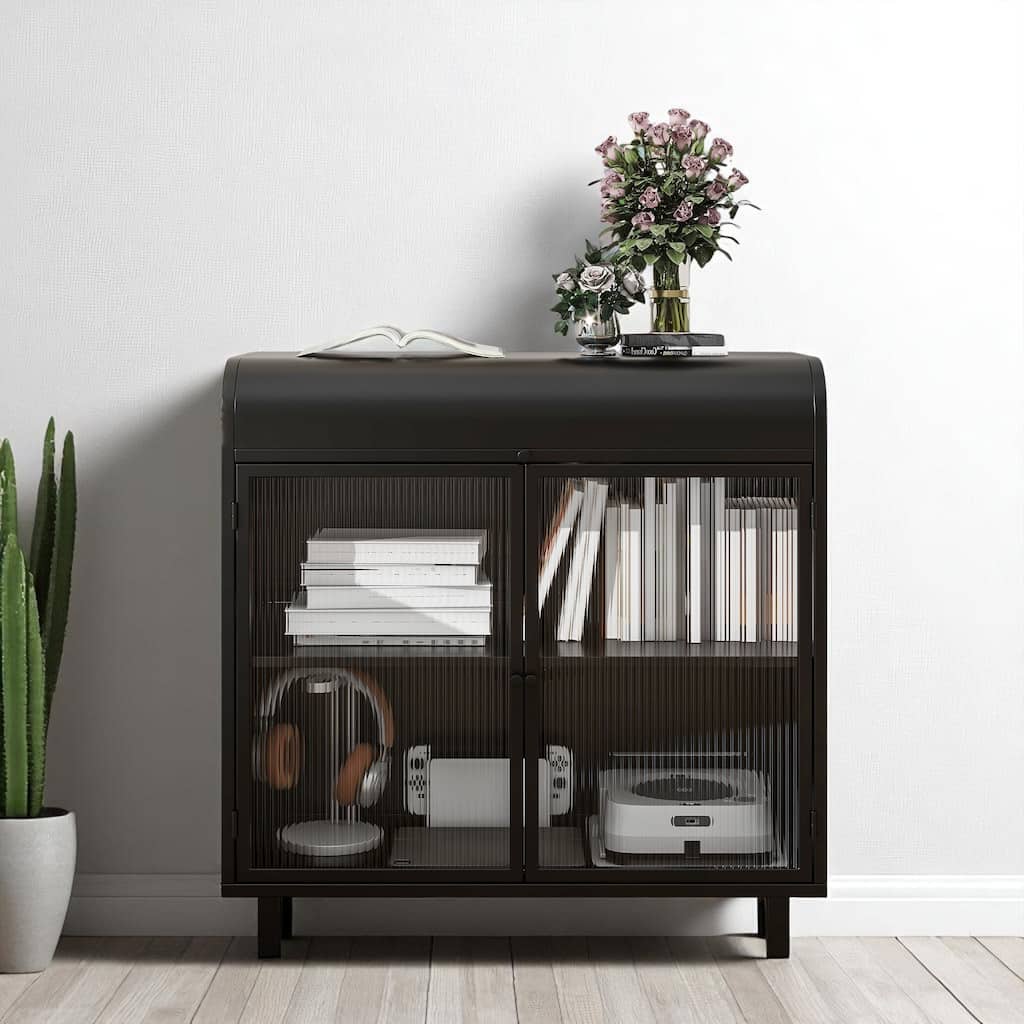 Modern Steel Buffet Cabinet with Flip Top and Tempered Glass Doors, Storage Console for Kitchen or Entryway