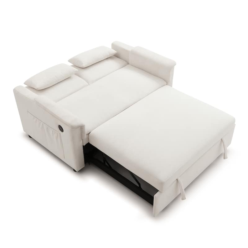 55"Velvet Two Seater Pull Out Sofa Bed,Adjustable Backrest With Usb Ports,3 In 1 Convertible Sleeper Sofa Bed,2 Waist Pillows
