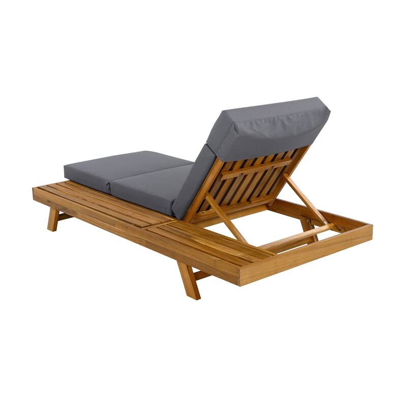 One-sided Open Storage Lounge Chairs Outdoor Patio Acacia Wood Chaise Lounge with Adjustable Backrest & Water-repellent Cushions
