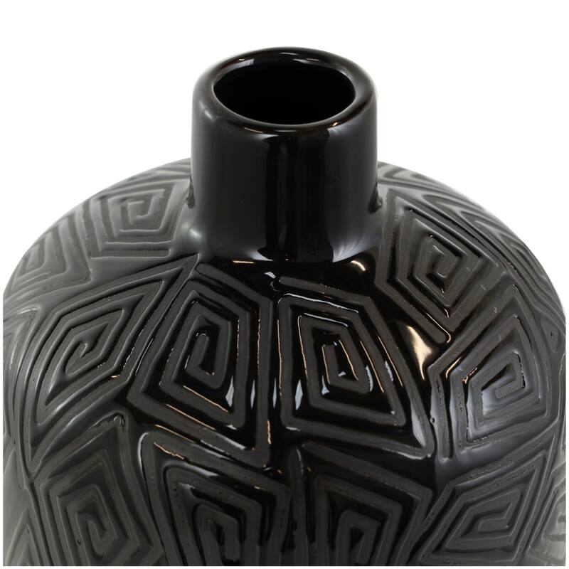 Black Ceramic Vase with Geometric Etchings