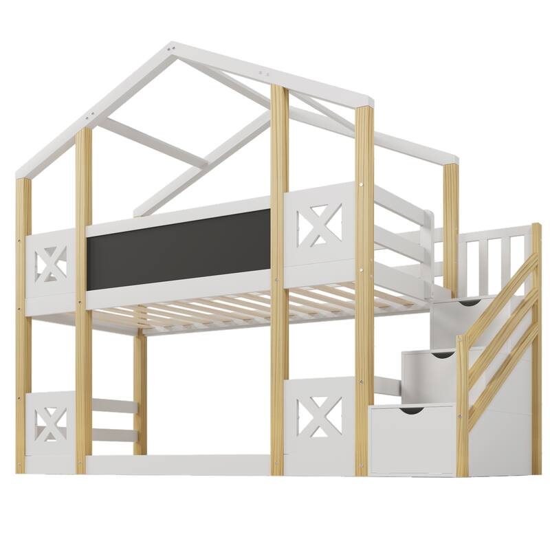 Twin Wood Bunk Bed with Blackboard, Storage Staircase, and Guardrails