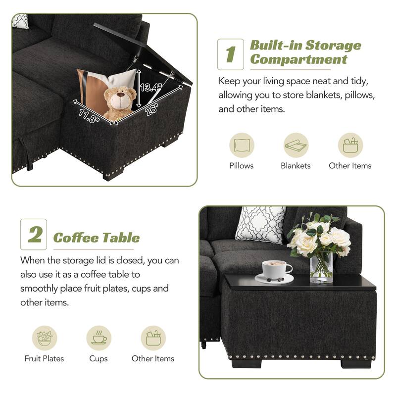 83.8" L-Shaped 4-Seat Sofa with Pull-Out Bed & Storage