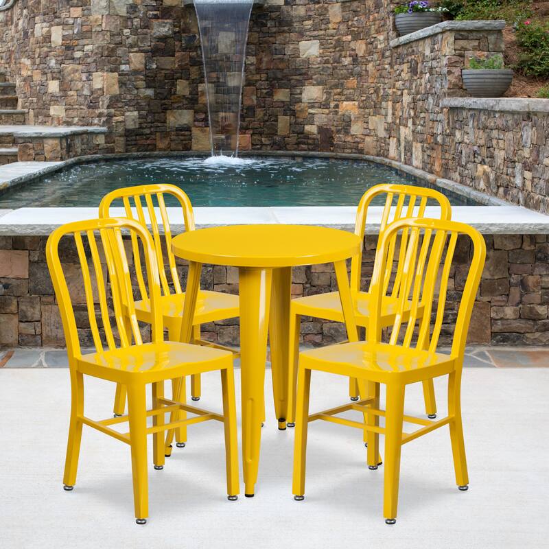 24'' Round Metal Indoor-Outdoor Table Set with 4 Vertical Slat Back Chairs - Yellow