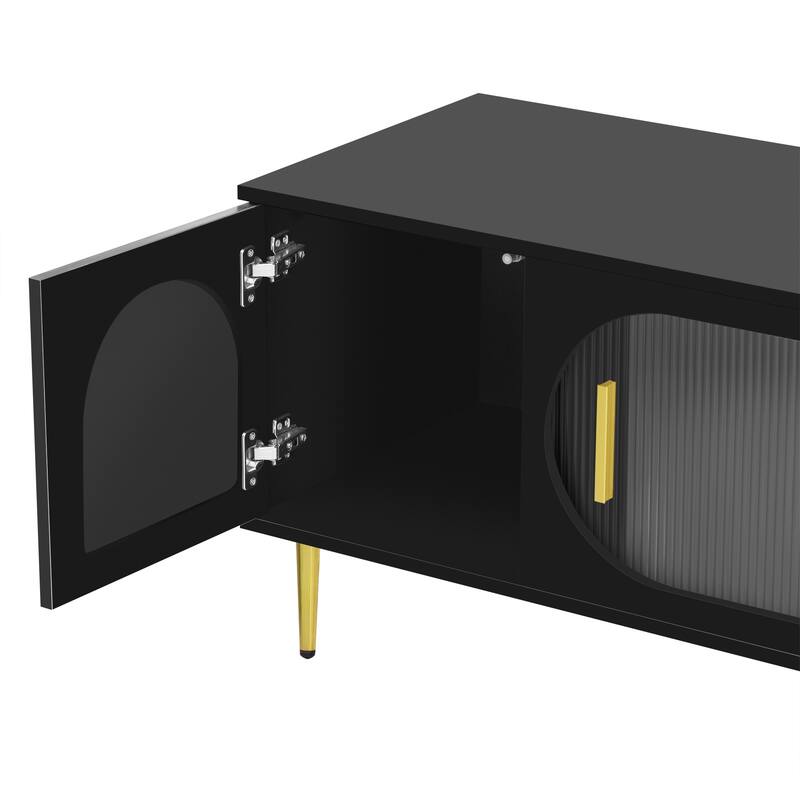 Modern TV Stand with Arched Shelves, Sliding Acrylic Door, Golden Metal Handles, and Ample Storage, Fits TVs up to 70 Inches.