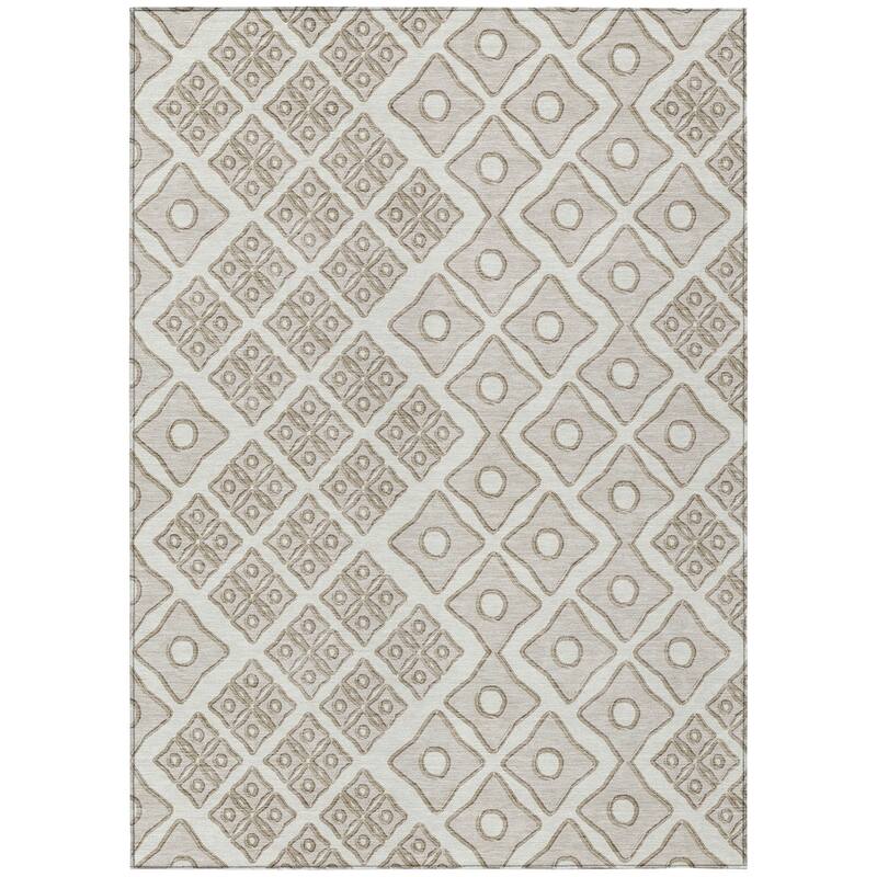 Ivory And Beige Geometric Washable Indoor Outdoor Area Rug - 3' x 5'